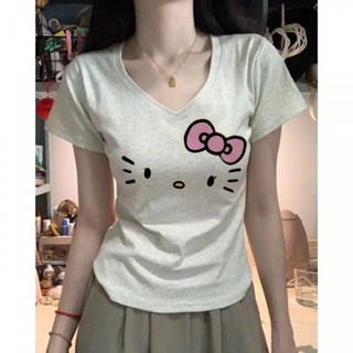 【100% cotton  Áo baby tee Áo Thun ôm body Áo y2k Áo thun cổ chữ V Mỹ mùa hè Thiết kế phong cách mới Slim-fit Top