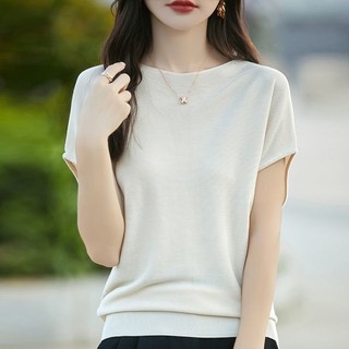 Cao Cấp Mỏng Tencel Tay Ngắn Mùa Hè 2024 Phong Cách Phương Tây Mẹ Mùa Hè Dệt Kim Áo Sơ Mi Nhỏ Rời Bat Top
