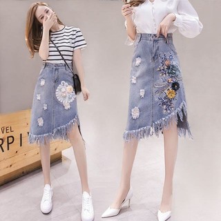2024 new fashionable denim high waisted A-line embroidered tassel asymmetrical perforated denim skirt
