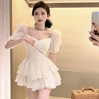 Váy Liền Tay Bồng Cổ Vuông Viền Bèo Kiểu Pháp Váy Ngắn Chít Eo Thuần Khiết Dáng Người Nhỏ Nhắn Cao Cấp Mẫu Mới Mùa Hè Ch