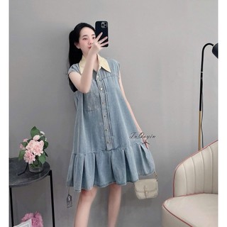 VB1457 váy bò dập ly phối cổ trắng