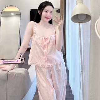 A&- Áo 2 dây quần dài đũi  bông xù cho nữ màu hồng - Bộ ngủ tiểu thư 2 dây hàng quảng châu cao cấp