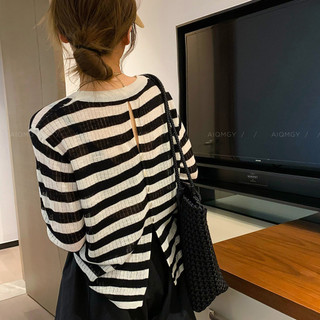 Striped Long Sleeve Thin Knitted T-shirt for Women 2024 Summer New Fashion Tops