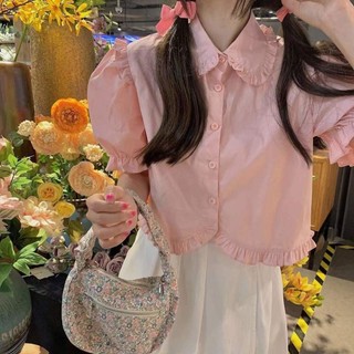 Yuewen Nhẹ Pháp Cổ Búp Bê JK Áo Sơ Mi Nữ Ngọt Xù Cao Cấp Ngắn Trắng JK Áo Sơ Mi Top