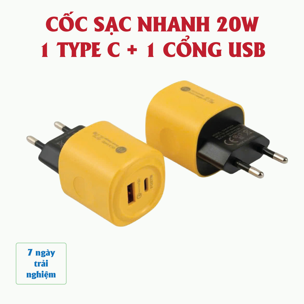Cốc sạc nhanh 2 cổng gồm: 1 cổng Type C + 1 cổng USB – Củ sạc nhanh 2 in 1, Cáp sạc nhanh 4 in 1 - D