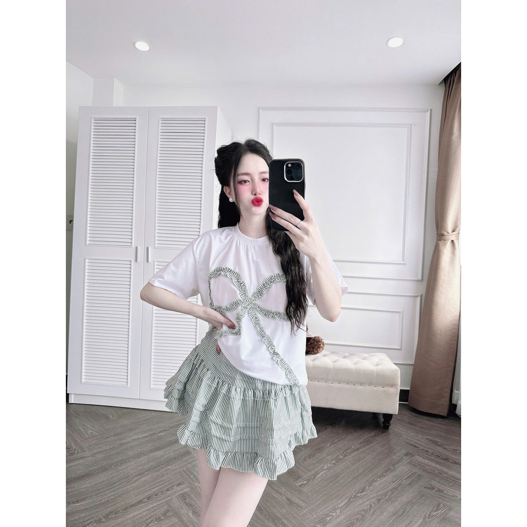 Set Thời Trang Nữ Áo Đính Nơ Cổ Tròn Kèm Chân Váy Nữ 45 - 95kg Dễ Thương Cho các nàng Có Bigsize Thun Women