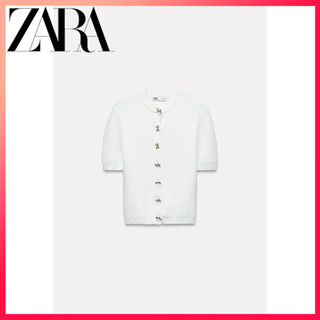 Zara Hàng Mới Về Quần Áo Nữ Nơ Nút Cổ Tròn Tay Ngắn Áo Khoác Dệt Kim