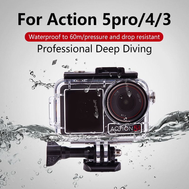 Vỏ bảo vệ Camera 60M cho máy ảnh thể thao DJI Osmo Action 5 Pro, Vỏ PC chống nước, Kính cường lực tr