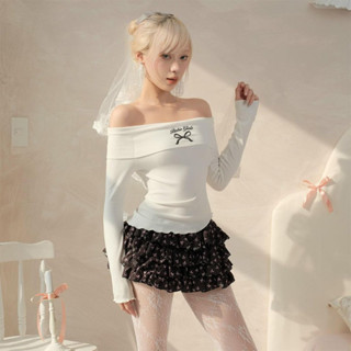 Áo Kiểu Nữ Tay Dài Trễ Vai Vạt Xéo PINKSTORE29 In Hình Nơ Dễ Thương A51158