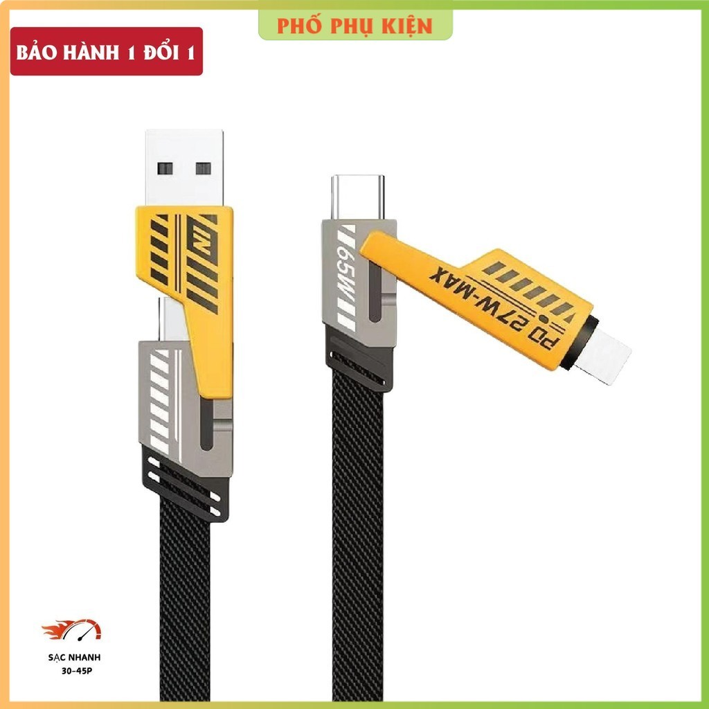 Cáp sạc 4 in 1, Dây sạc nhanh 4 đầu 65W. Dây dù, đầu cáp kim loại, chống gẫy. Dây sạc điện thoại, Dâ