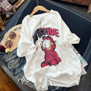 Áo thun Cotton ngắn tay nguyên chất Plus Size Fat MM có thể mặc mùa hè Áo thun ngắn tay Garfield dễ thương dành cho nữ ins Cô gái hợp thời trang Tất cả @