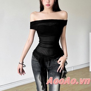 Áo thun nữ lệch vai màu trơn lưới Sheer cổ thuyền