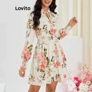 Đầm Lovito sọc gân buộc dây viền xếp nếp họa tiết hoa phong cách thanh lịch dành cho nữ LBL12186