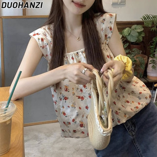 Duohanzi Áo sơ mi nữ không tay cổ vuông hoa yếm mùa hè áo ngắn mỏng