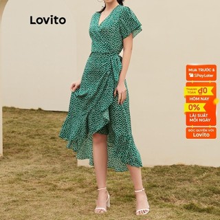 Váy đầm Lovito In hoa xẻ sâu cổ chữ V ren lên Boho L12014 (Xanh lục)