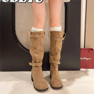 Giày bốt nữ, đế dày, ném lại, bốt da lộn xếp chồng lên, bốt Skinny với giày cao gót chunky, bốt cao