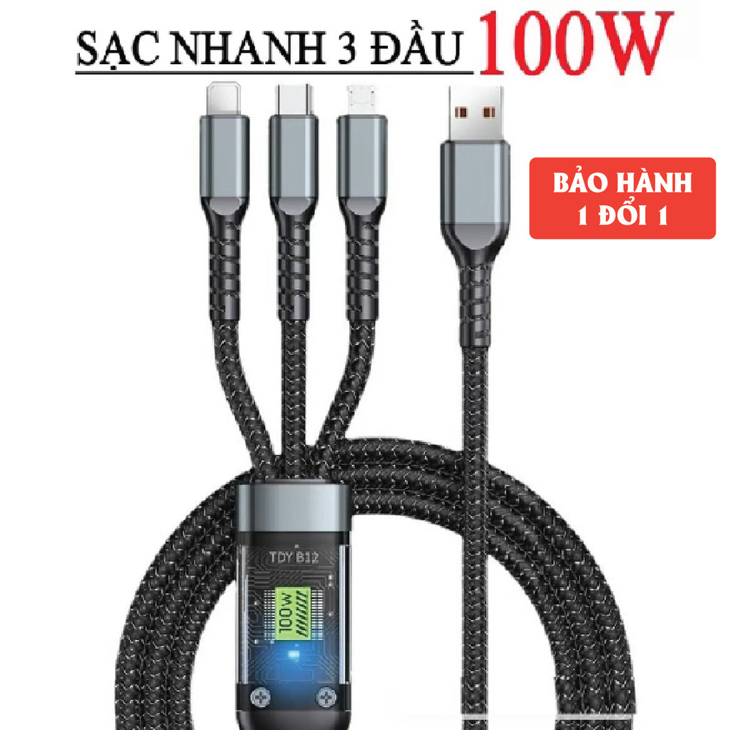 Cáp Sạc Nhanh 3 Đầu 100W - CÓ MÀN HÌNH. Dây Sạc 3 Trong 1 Chống Đứt, Chống Rối. Cáp sạc 3 in 1 - Dây