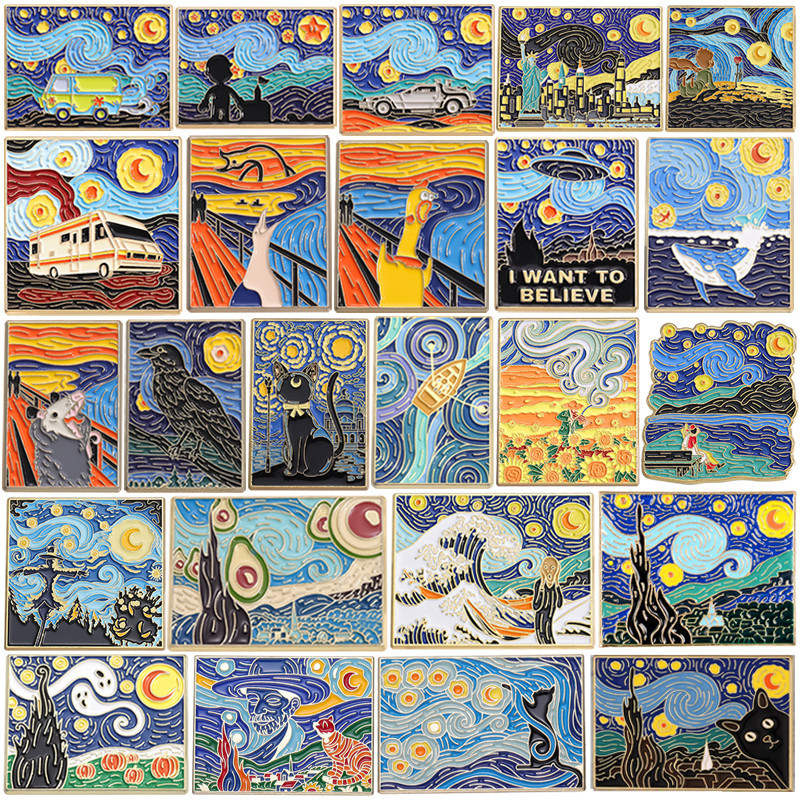 Họa Sĩ Van Gogh Tranh Sơn Dầu Thổ Cẩm Chân Dễ Thương Đêm Đầy Sao Mèo Sóng Thổ Cẩm Kim Loại Huy Hiệu Nghệ Thuật Phụ Kiện Quà Tặng Cho Bạn Bè