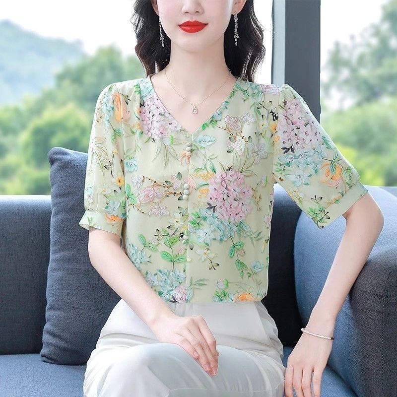 Áo sơ mi 0801 mùa hè hoa nhỏ mẫu mới bảy điểm thời trang áo mẹ phong cách Tây mới kiểu Trung Quốc
