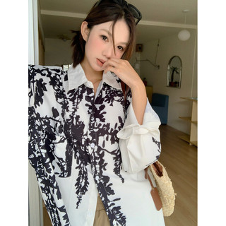 Suxi Vintage Ink In Hình Mùa Thu Mới Rời Cổ Áo Sơ Mi Tay Dài Nữ Áo 240802