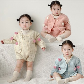 0-2 Tuổi Bé Gái Thu ĐôngCandy Màu Sắc Chấm Tình Yêu Dệt Kim Cardigan + Dây Đeo Áo Body Bộ Hai Mảnh