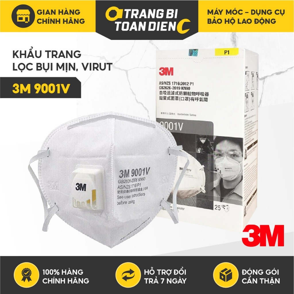 Khẩu trang 3M chính hãng 9001V có van thở kháng khuẩn bụi mịn thiết kế 3d chống giọt bắn