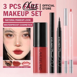 Lamuseland Chống Thấm Nước Matte Lip Gloss Chống Chuyển Không Vết Bẩn Môi Không Phai Màu + Son Lót Màu Đỏ Lâu Dài + Bút Kẻ Mắt Đen Chống Mờ 3 Bộ Trang Điểm Môi