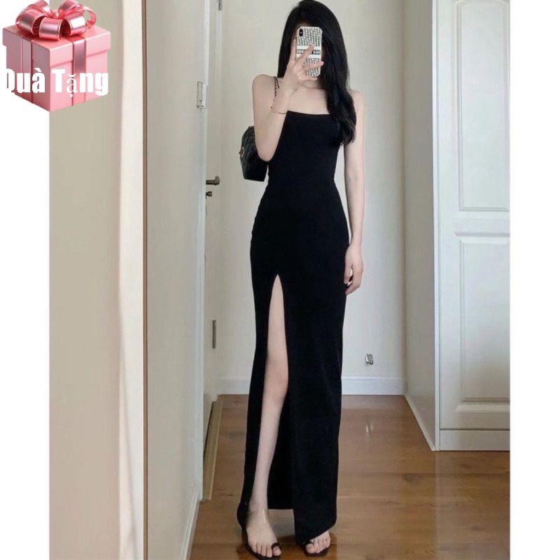 Đầm nữ 2 dây body from dài chất vải thun gân len 4 chiều Free Size dưới 53kg