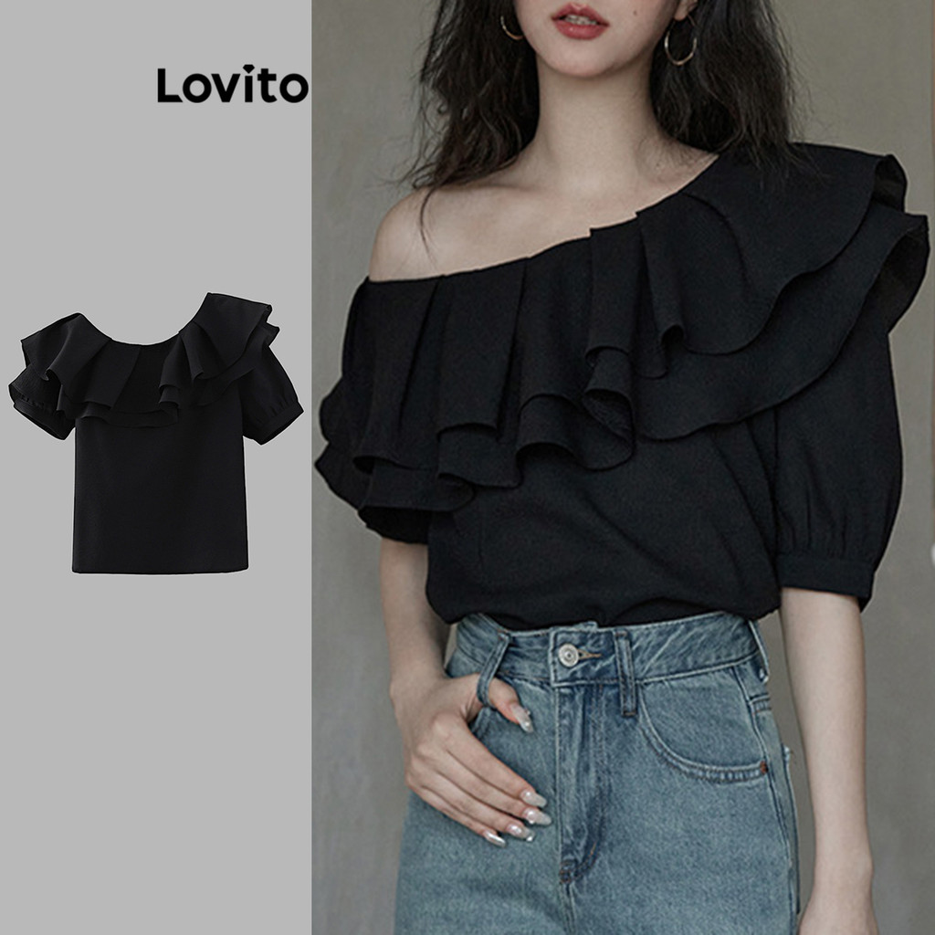 Lovito Áo cánh hở vai cổ bèo nhún trơn đơn giản cho nữ L106AD611