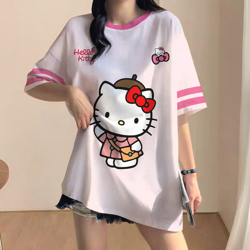 Hello KITTY Áo thun Unisex dáng rộng dễ thương phong cách Hàn Quốc HELLO KITTY Áo thun bóng đá dáng 