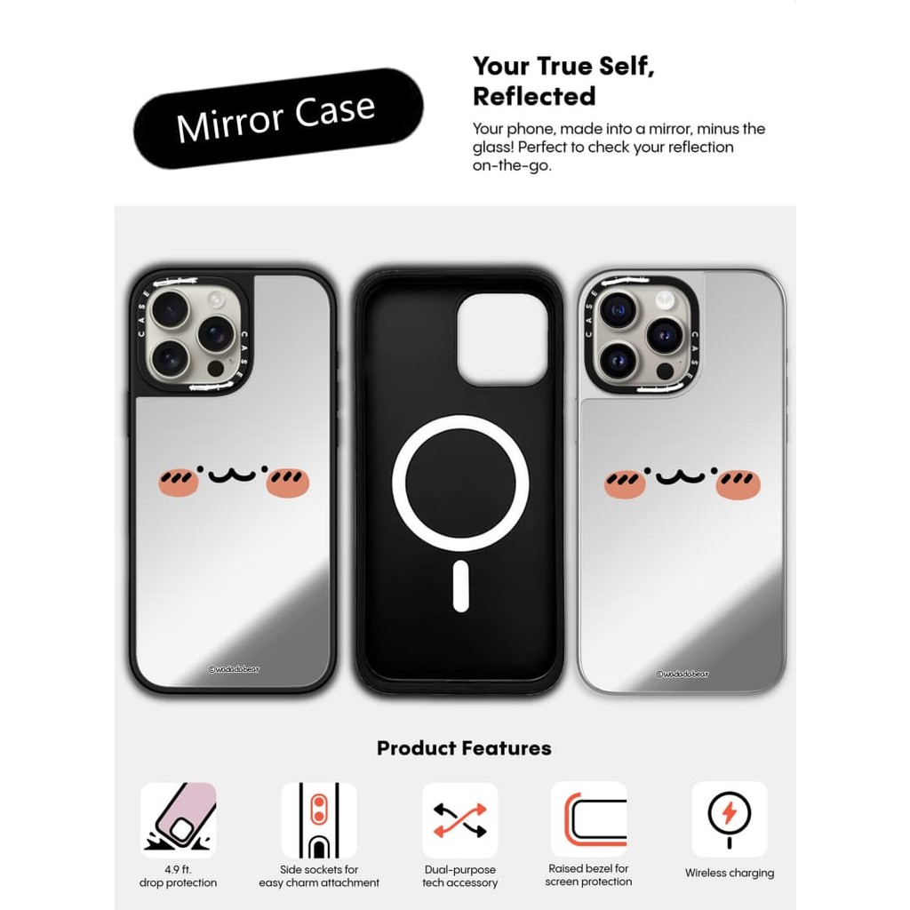 CASECASE X Wadadabear Happy Smile Case Hút từ tính Vỏ iPhone Gương đen & bạc IPhone 16 15 14 13 12 P