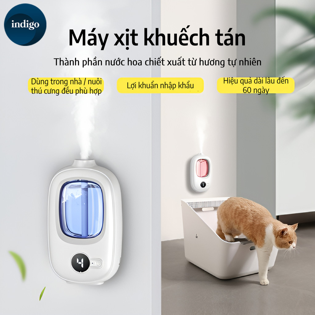 Máy xịt thơm phòng tự động mini 4 chế độ treo tường, Máy xông tinh dầu phòng ngủ pin sạc 1500mAh