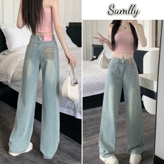  Quần jeans ống rộng nữ Quần jeans ống đứng nữ có nơ xinh xắn và túi sau Quần jeans dài cạp cao 