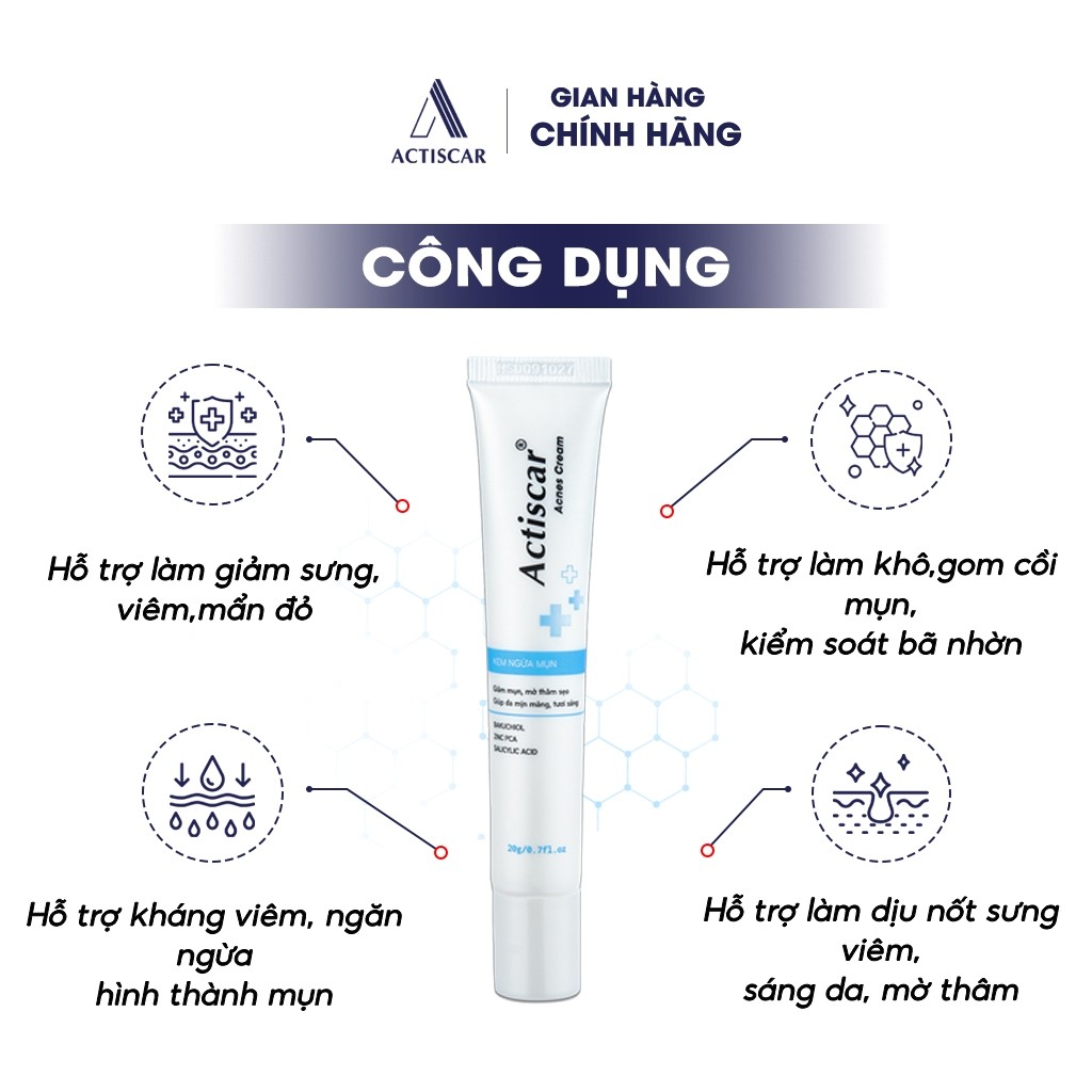 Kem chấm mụn chuyên sâu Actiscar Acnes Cream 20g Cải Thiện Tình Trạng Mụn , mụn mới, sẹo