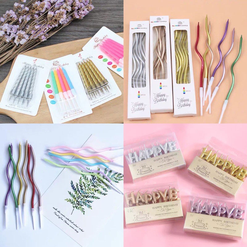 Aanadel📢Nến sinh nhật nhiều màu sắc vàng bạc xoắn bánh nến cong