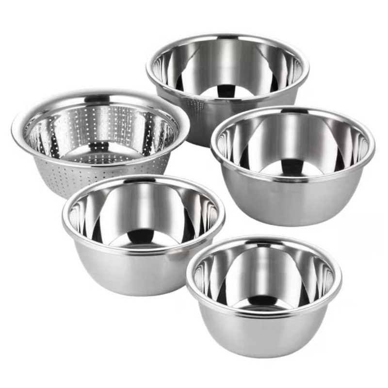 Bộ 5 thau chậu inox 304 tiện lợi (4 thau -1 rổ) - thau - chậu để thực phẩm