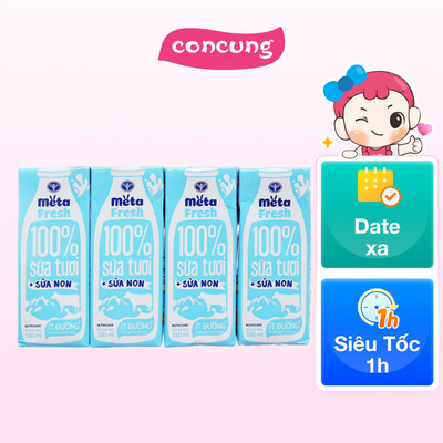 Sữa tươi ít đường bổ sung sữa non Metafresh 180ml, lốc 4 hộp