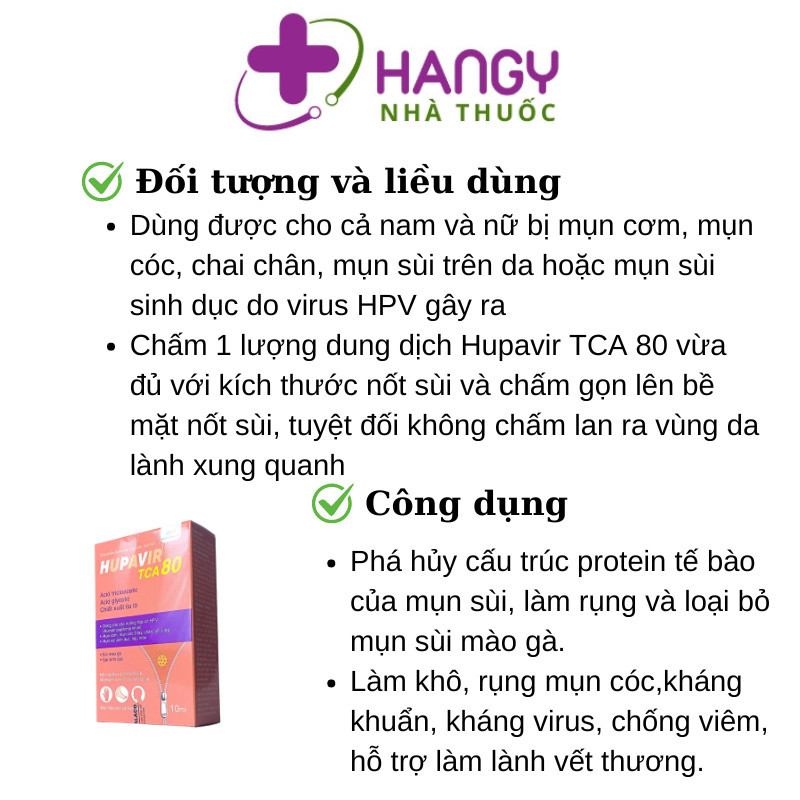 Dung dịch chấm lên da giúp giảm mụn cóc, sùi mào gà, gai sinh dục HUPAVIR TCA 80% (Lọ 10ml)
