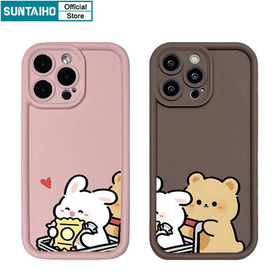 Suntaiho Ngộ nghĩnh Vỏ Độc Đáo Gấu Thỏ Cặp Đôi Họa Tiết Ốp Điện Thoại Cho Iphone 15 14 12 13 11 Pro Max IP 7 8 Plus Iphon X Xs XR Xs Max Silicone Mềm Cao Cấp Chống Sốc Ốp Lưng