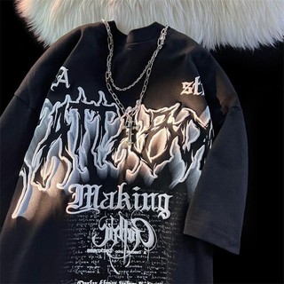 Châu Âu Mỹ Dạo Phố Gothic Chữ Vòng Cổ Áo Thun Tay Ngắn Nam Mùa Hè Rời ins Phong Cách Đường Phố Nửa Tay oversize Top