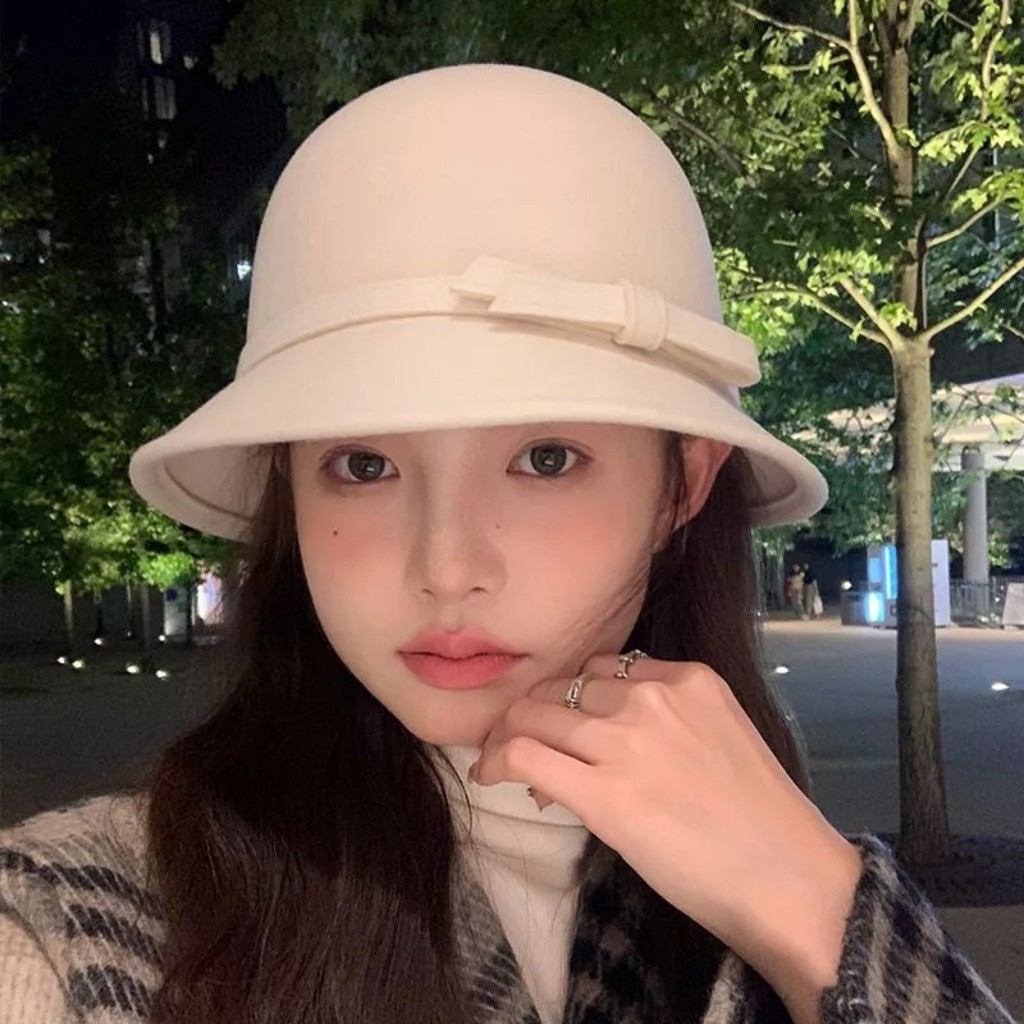 Mũ nỉ dạ ép dáng cụp đính nơ nhỏ tiểu thư xinh xắn MD01