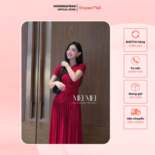 Váy body cổ tròn nhún eo dáng xoè dài nhiều màu basic phong cách tiểu thư sang chảnh thanh lịch HONG MAI TRAN V12632
