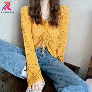 Ruiddian 2024 Mới Cutout Cổ Chữ V Dài Tay Dệt Kim Nữ Mùa Xuân Mỏng Rời Dây Rút Chống Nắng Top Phiên Bản Hàn Quốc Thời Trang Quần Áo Thường Ngày