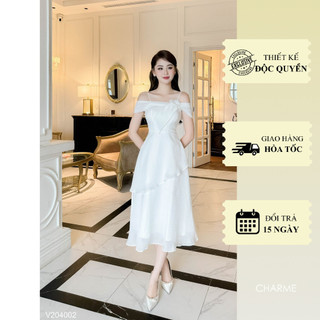 Váy nữ đi tiệc lệch vai đính hoa tằm óng dáng dài thiết kế Charme 204002