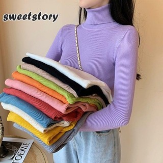 Áo Chui Đầu Nữ Cao Cổ Áo Len Thu Đông Tay Dài Mỏng Co Giãn Hàn Quốc Đơn Giản Cơ Bản Giá Rẻ Jumper Màu Trơn Top sweetstory