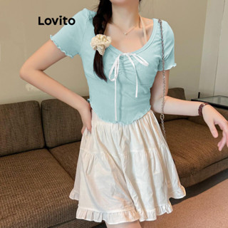 Áo thun Lovito màu trơn giả 2 trong 1 có dây buộc phía trước viền nhún bèo phong cách thường ngày dành cho nữ LNE57316