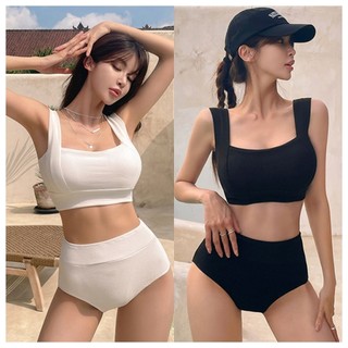 Bikini màu đen trắng màu trơn Hàn Quốc gợi cảm ngực nhỏ tập hợp eo cao thể thao áo tắm rời nữ
