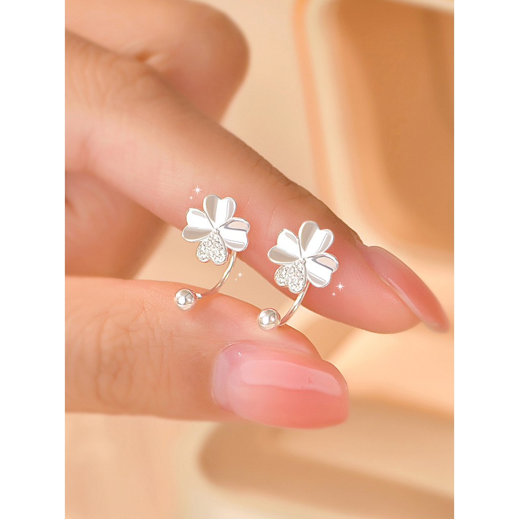 S925 Bạc Nguyên Chất Cỏ Ba Lá Bông Tai Cho Người Phụ Nữ Xuyên Bông Tai Bộ Cho Trẻ Em Bông Tai Bạc Bộ Hàng Ngày Phong Cách Ngọt Ngào Phụ Kiện Trang Sức