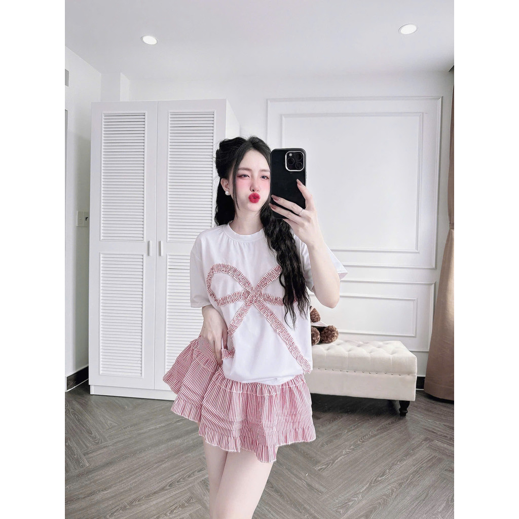 Set Thời Trang Nữ Áo Đính Nơ Cổ Tròn Kèm Chân Váy Nữ 45 - 95kg Dễ Thương Cho các nàng Có Bigsize Thun Women