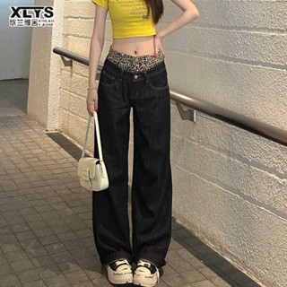 Xin LAN YA SHE Quần jean in họa tiết da báo Mỹ mới dáng rộng ống rộng quần lau nhà